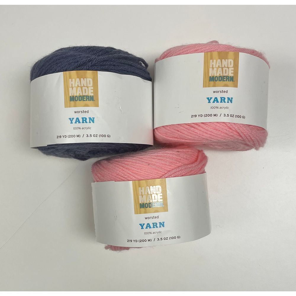 Hand Made Modern Worsted Yarn  Mineral and Pink Lemonade  lot of 3 Med. 100% Acr